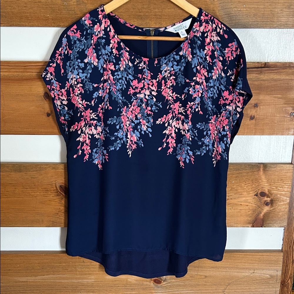 Market & Spruce Navy Blue Floral Blouse Lightweight Zip Back Preppy Size Medium
